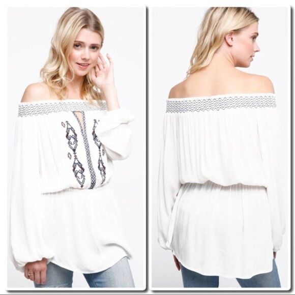 boho Off Shoulder Embroidered Blouse White & Black - Picture 6 of 10